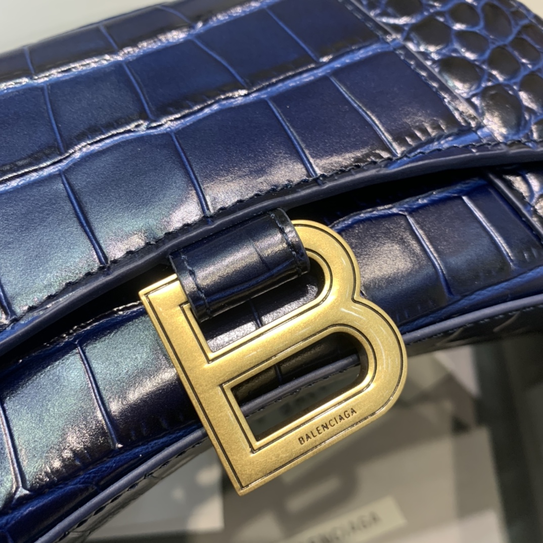 Balenciaga Hourglass XS Handbag Crocodile Embossed Shoulder Bag Dark Blue